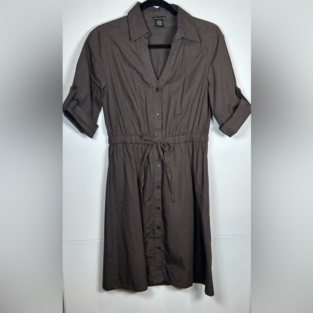 Sarin New York Brown Button-Up, Cotton Shirt- Dress. Elastic Waist. Size Small.